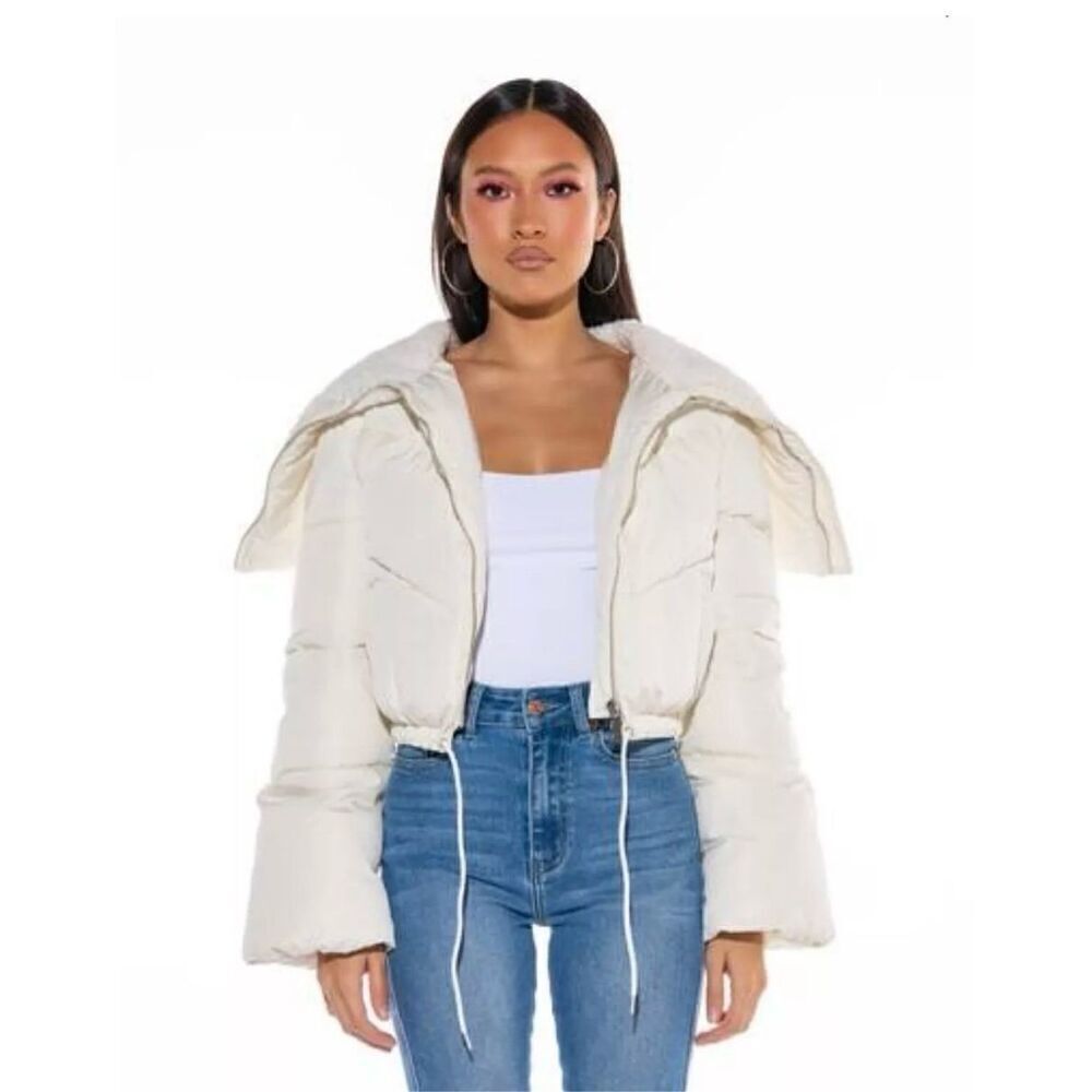 NWOT Azalea Wang Amanda Puffer Jacket size XL Ivory Cropped Sherpa Collar